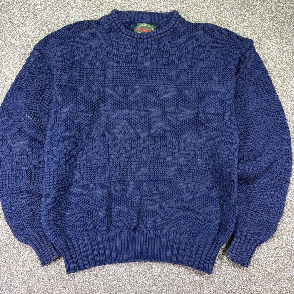 Vintage Lake Harmony Rowing Club Sweater Mens Large Blue Cotton Geometric Knit